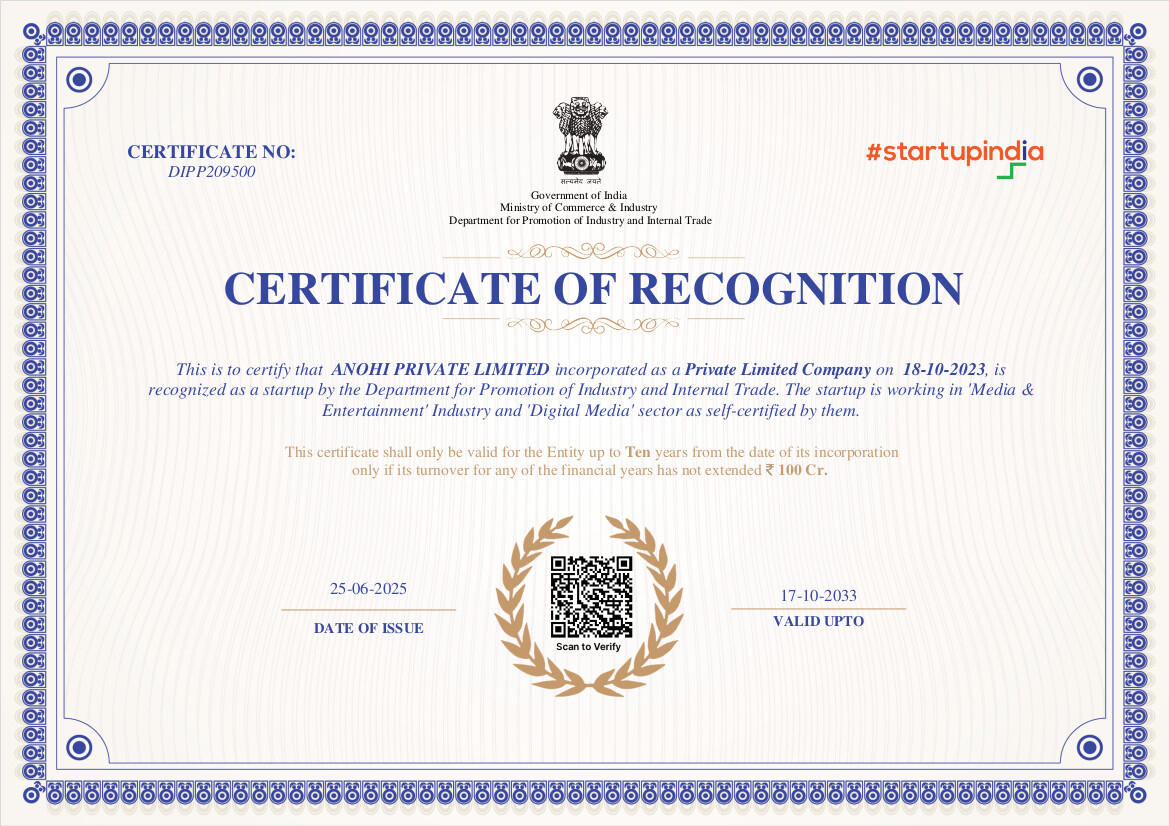 Startup India Recognized Business Certificate of Recognition Granted on 25-06-2025 under: DIPP209500 Click on the image for further information directly from the government website.